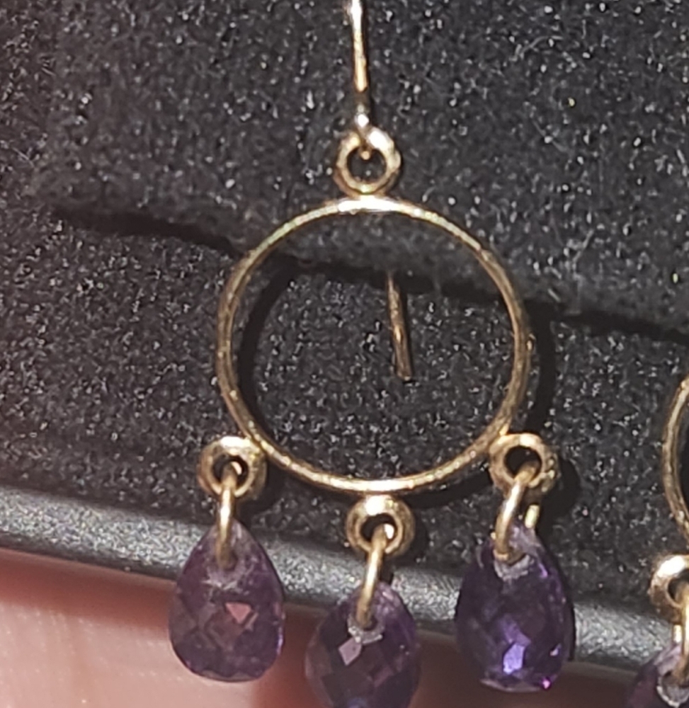 Amythest Briolette Cut Dangle Earrings Set In 14kt Yellow Gold - Picture 2 of 11